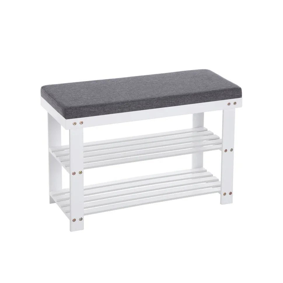 Banc à chaussures en bambou à 2 niveaux charge 150 kg 71 x 29 x 49 cm blanc et gris