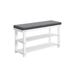 Banc de rangement à chaussures en bambou 2 étagères blanc gris