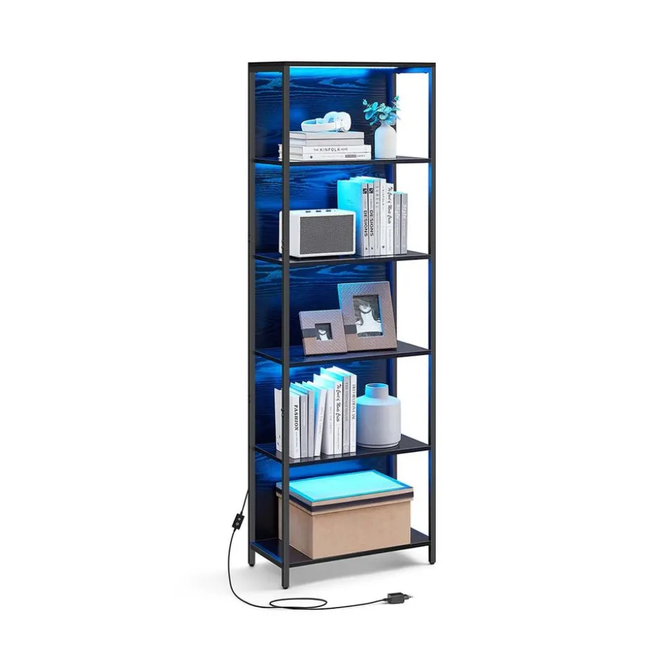 Bibliothèque led à 6 niveaux en acier 30,3 x 40 x 178,6 cm noir boisé