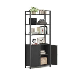 Bibliothèque verticale à 6 niveaux avec porte structure en métal 24 x 60 x 1595 cm noir boisé et noir d’encre