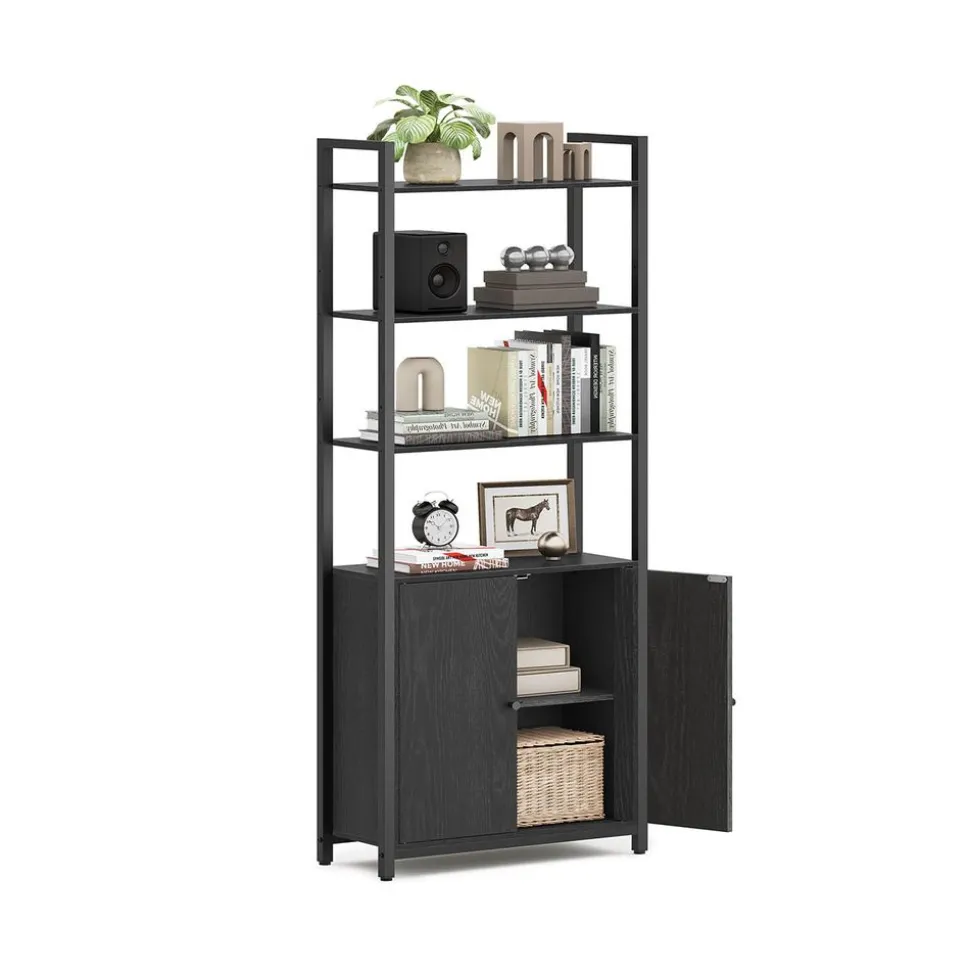 Bibliothèque verticale à 6 niveaux avec porte structure en métal 24 x 60 x 1595 cm noir boisé et noir d’encre