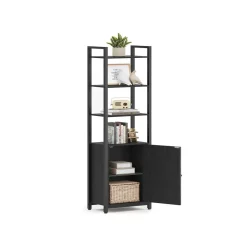 Bibliothèque verticale à 6 niveaux avec porte structure en métal 24 x 60 x 1595 cm noir boisé et noir d’encre