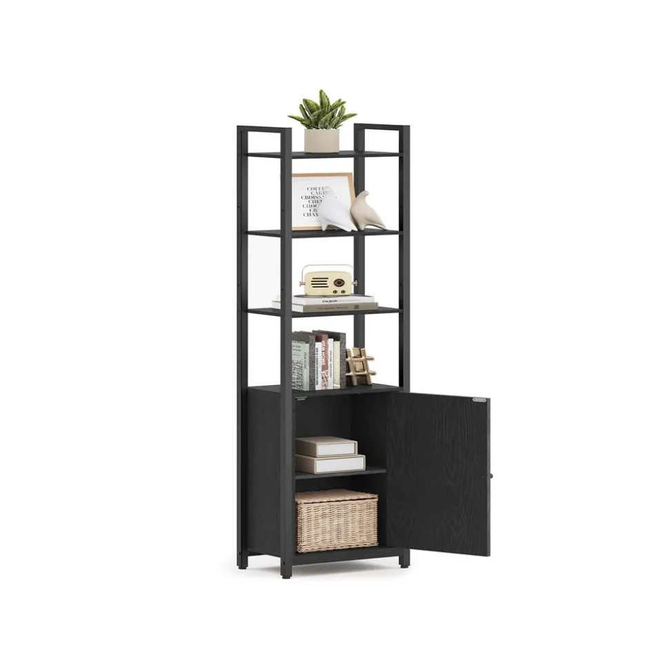 Bibliothèque verticale à 6 niveaux avec porte structure en métal 24 x 60 x 1595 cm noir boisé et noir d’encre