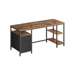 Bureau d’ordinateur 3 étagères 2 tiroirs marron rustique et noir