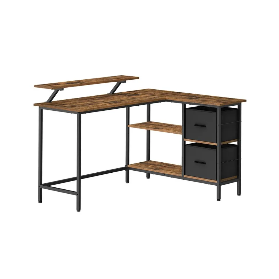 Bureau en forme de L avec 2 tiroirs spacieux marron rustique