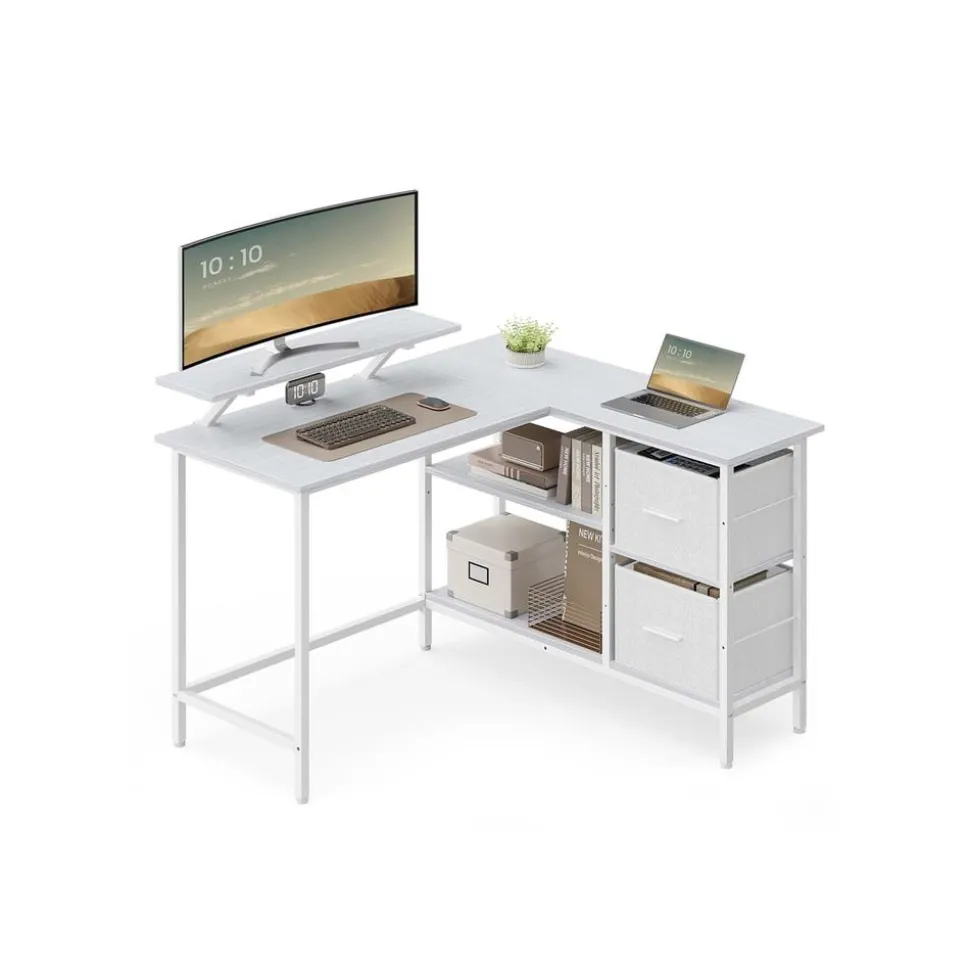Bureau en forme de L avec 2 tiroirs spacieux marron rustique
