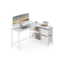 Bureau en forme de L avec 2 tiroirs spacieux marron rustique