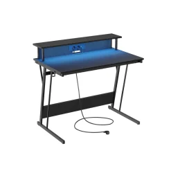 Bureau gaming avec LED et multiprise 55 x 135 x 76 cm noir carbone