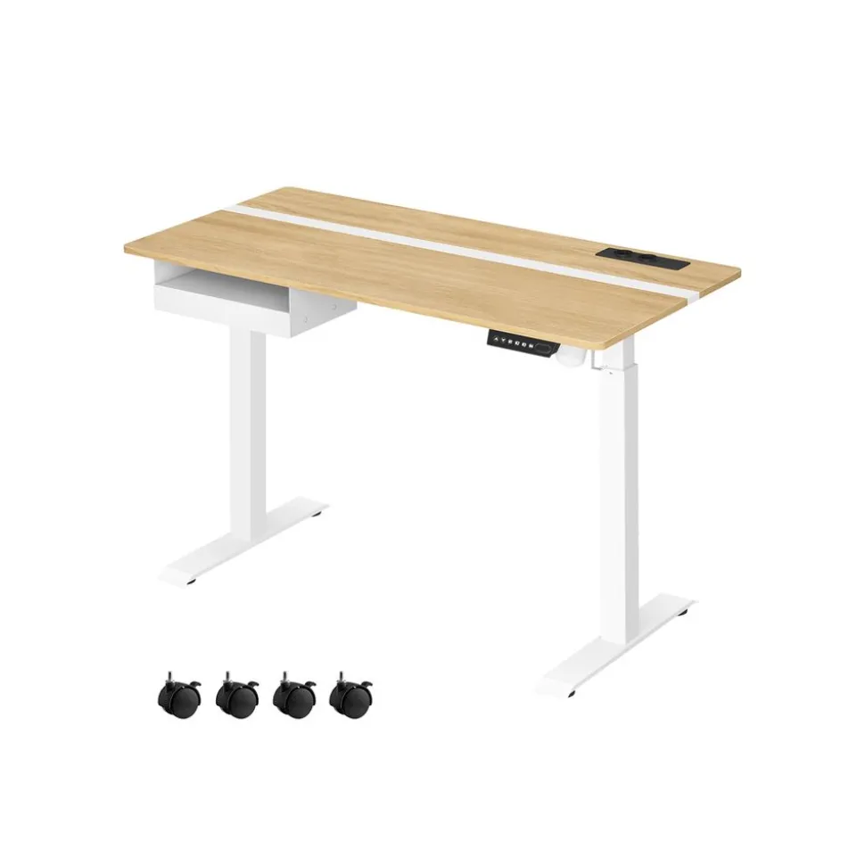 Bureau électrique réglable en hauteur couleur chêne naturel et blanc nuage