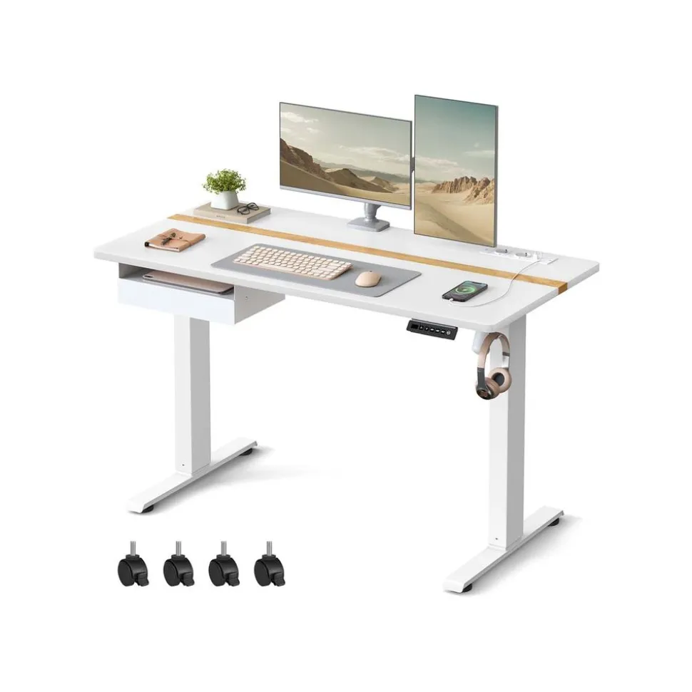 Bureau électrique réglable en hauteur couleur chêne naturel et blanc nuage