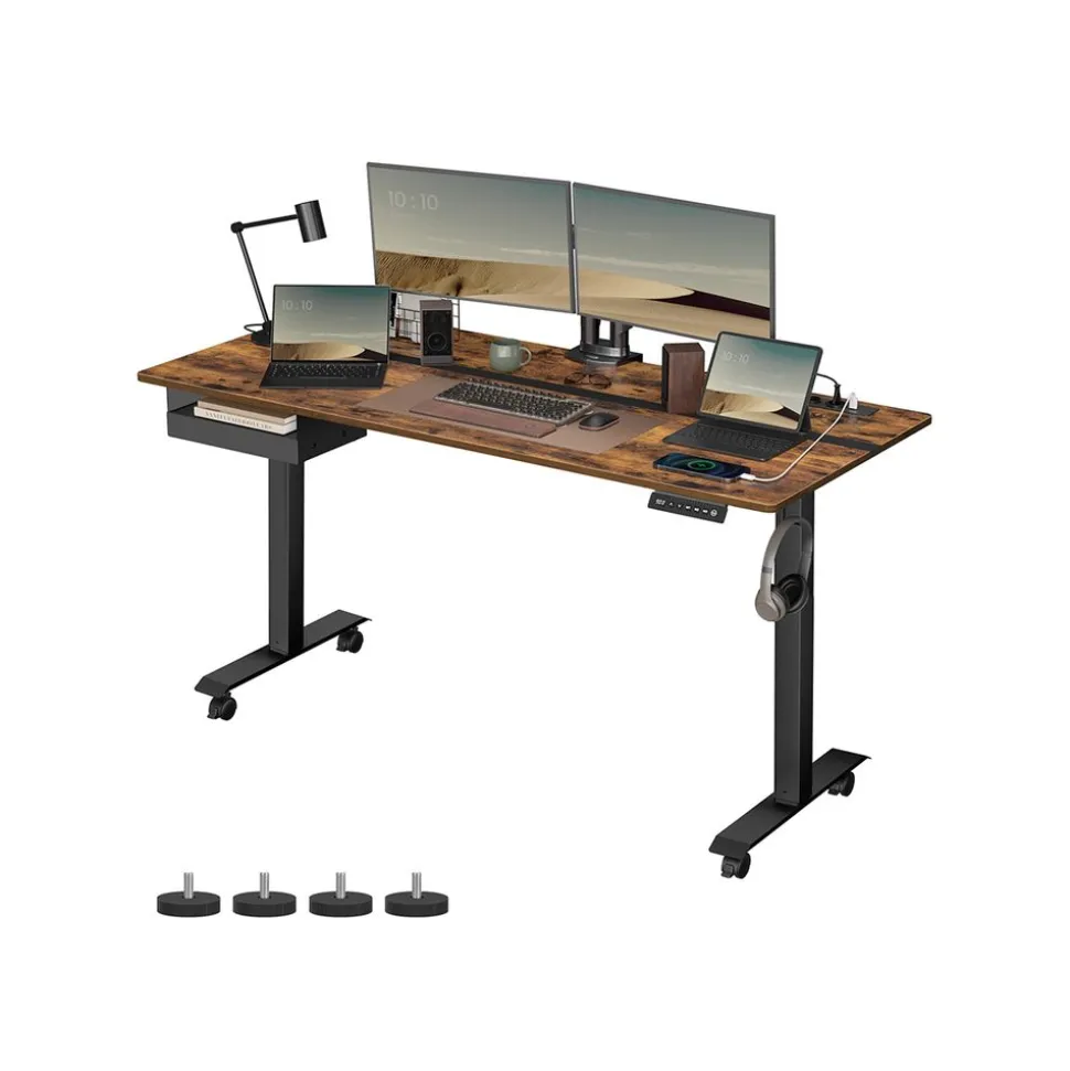 Bureau électrique réglable en hauteur couleur chêne naturel et blanc nuage