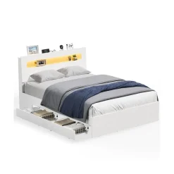 Cadre de lit 140 x 190 cm avec 2 tiroirs coulissants LED multiprise blanc