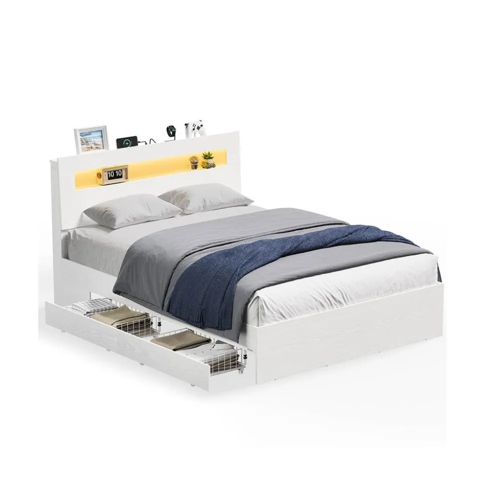 Cadre de lit 140 x 190 cm avec 2 tiroirs coulissants LED multiprise blanc