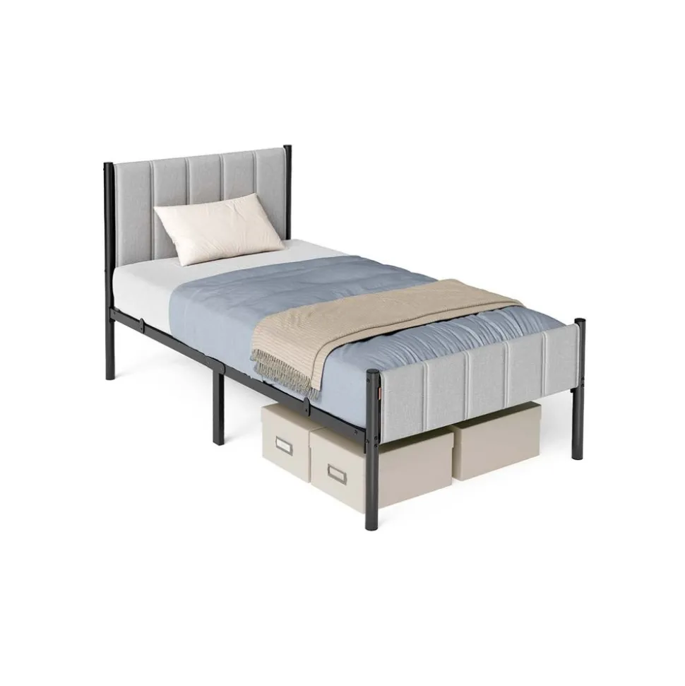 Cadre de lit simple 90 x 190 cm avec tête de lit rembourrée gris tourterelle
