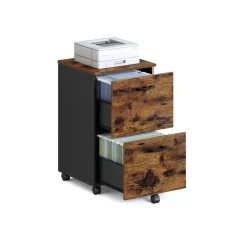 Caisson 2 tiroirs à roulettes pour format A4 classeur suspendu marron rustique et noir d'encre