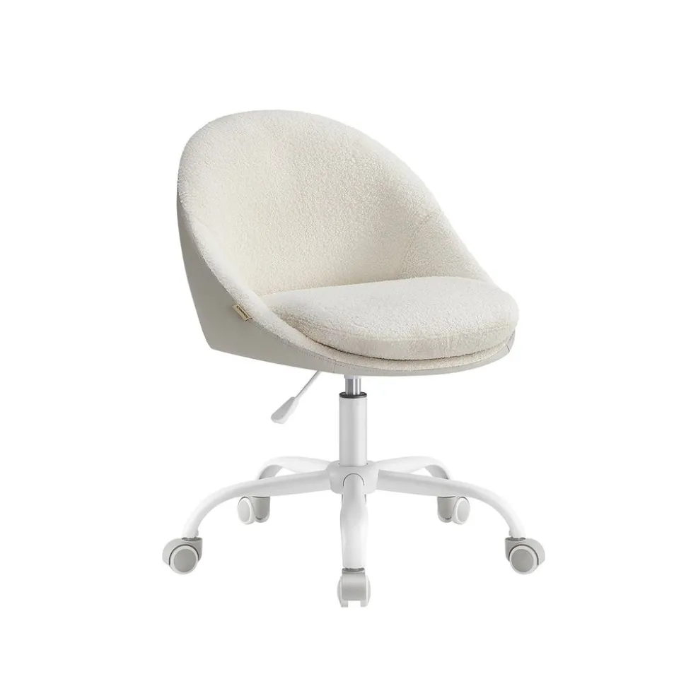 Chaise de bureau pivotant en tissu peluche beige cappuccino et blanc nuage