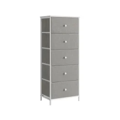Commode colonne de rangement en tissu avec 5 tiroirs gris tourterelle et blanc crème