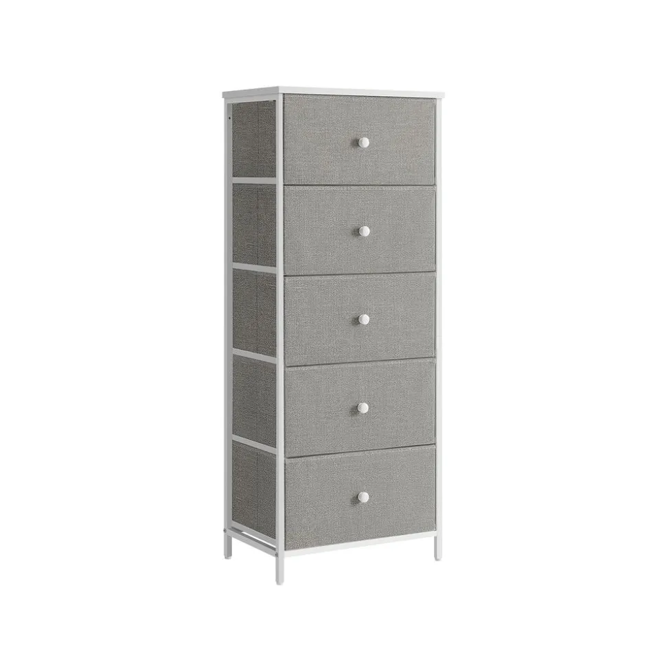 Commode colonne de rangement en tissu avec 5 tiroirs gris tourterelle et blanc crème