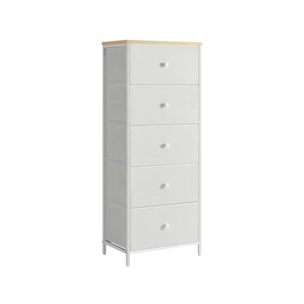 Commode colonne de rangement en tissu avec 5 tiroirs gris tourterelle et blanc crème