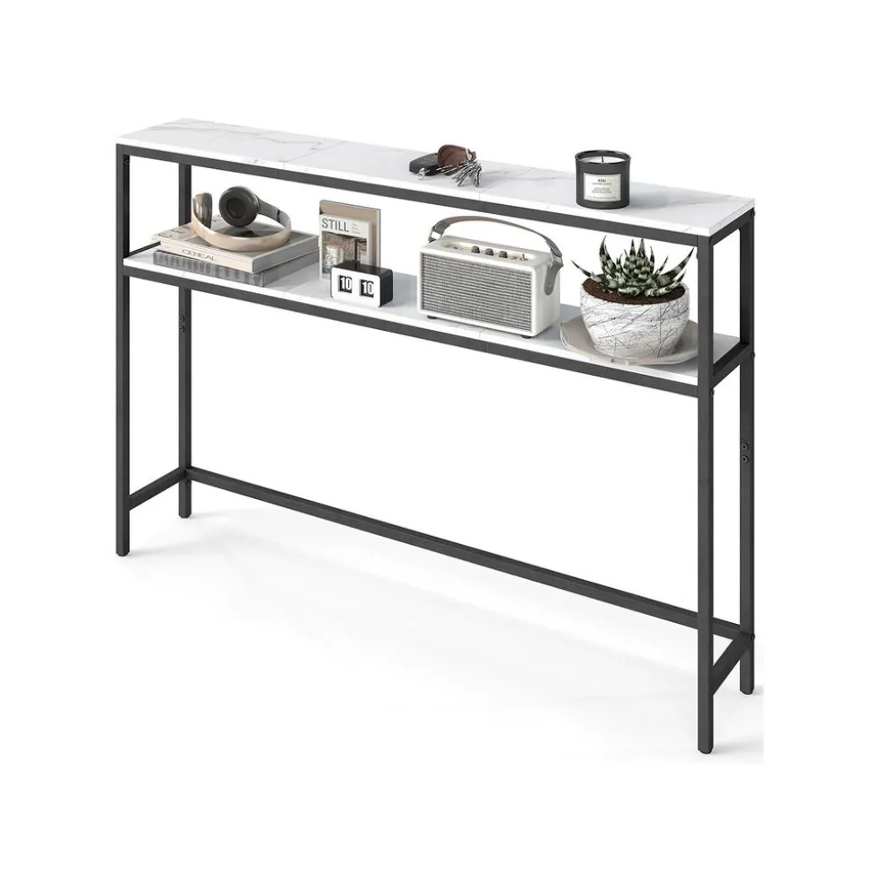 Console pour couloir à 2 niveaux, 20 x 120 x 80 cm blanc marbré et noir d'encre