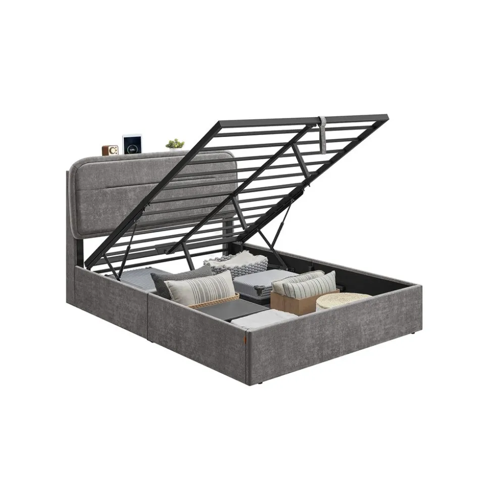 Lit coffre 140 x 190 cm avec rangement éclairage gris ardoise