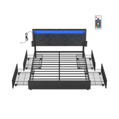 Lit double 167 x 210 cm avec LED en métal 4 tiroirs multiprise gris ardoise et noir mat