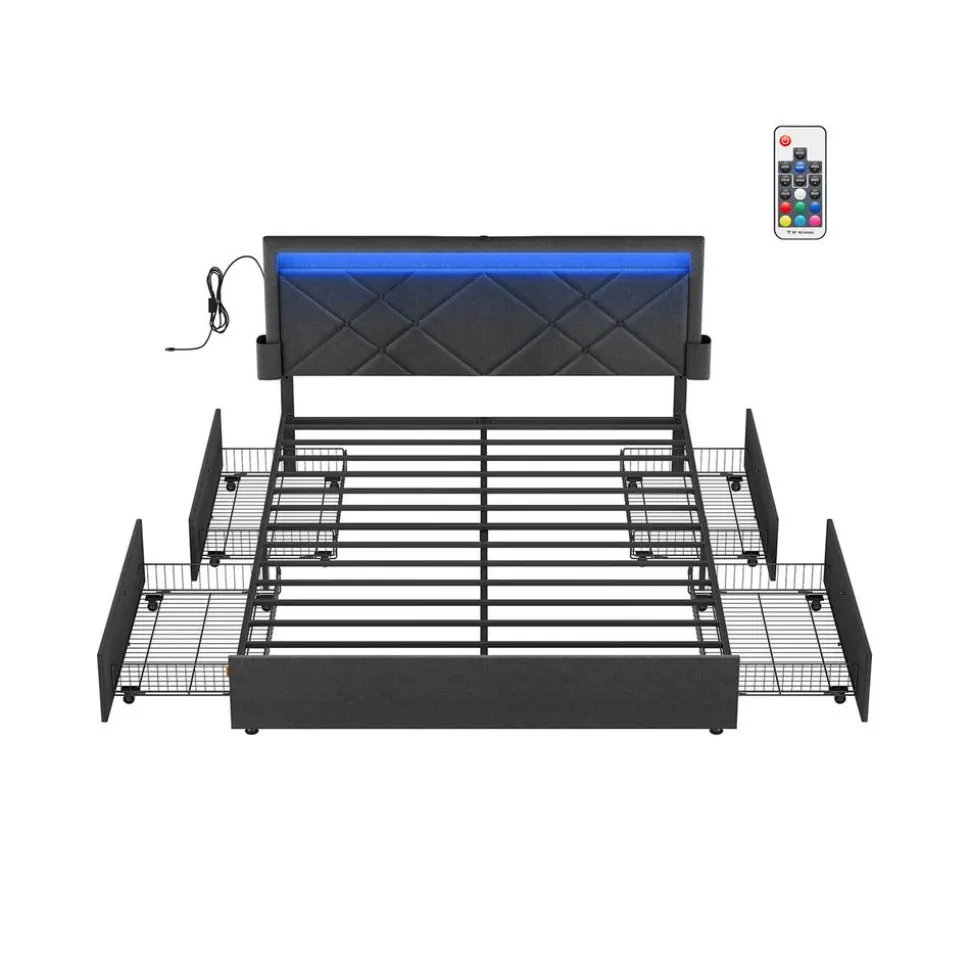 Lit double 167 x 210 cm avec LED en métal 4 tiroirs multiprise gris ardoise et noir mat