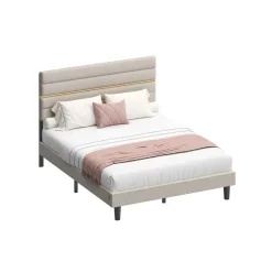 Lit double 140 x 190 cm tête de lit rembourrée ajustable gris ardoise