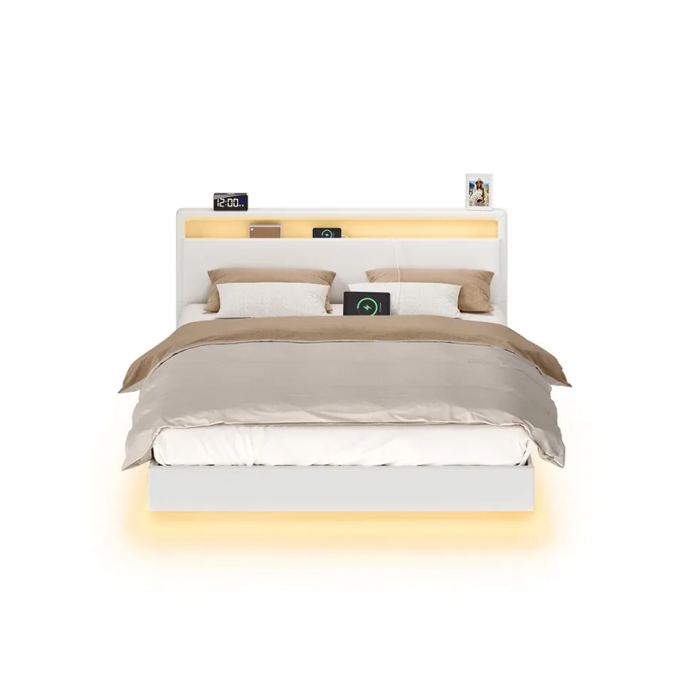 Lit double avec éclairage LED multiprise blanc nuage