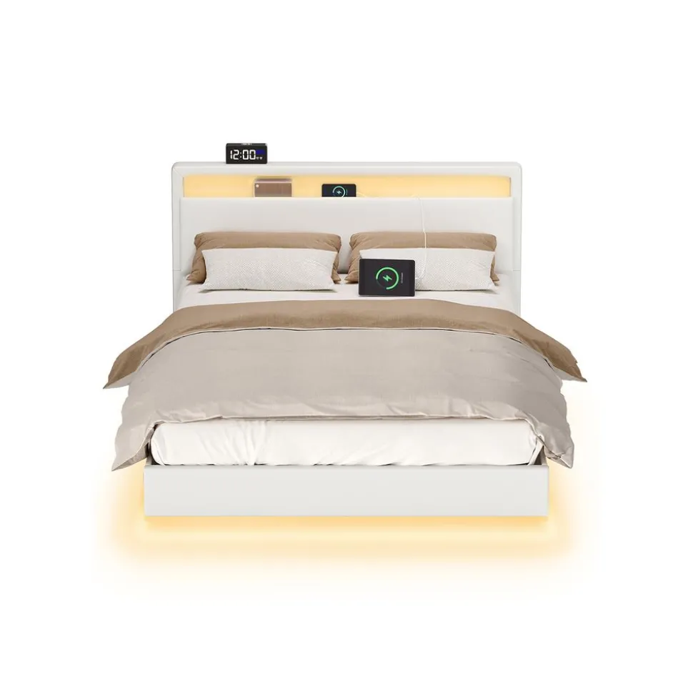 Lit double avec éclairage LED multiprise blanc nuage