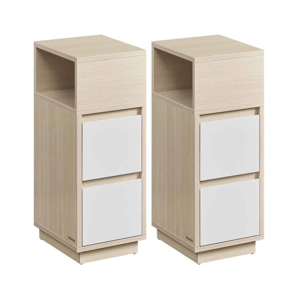 Lot de 2 tables de chevet étroite avec 2 tiroirs et compartiment blanc nuage