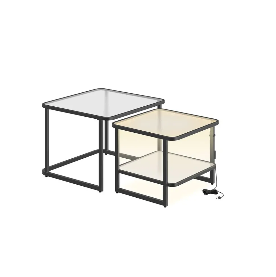 Lot de 2 tables de salon gigognes avec led blanc nuage et noir d'encre
