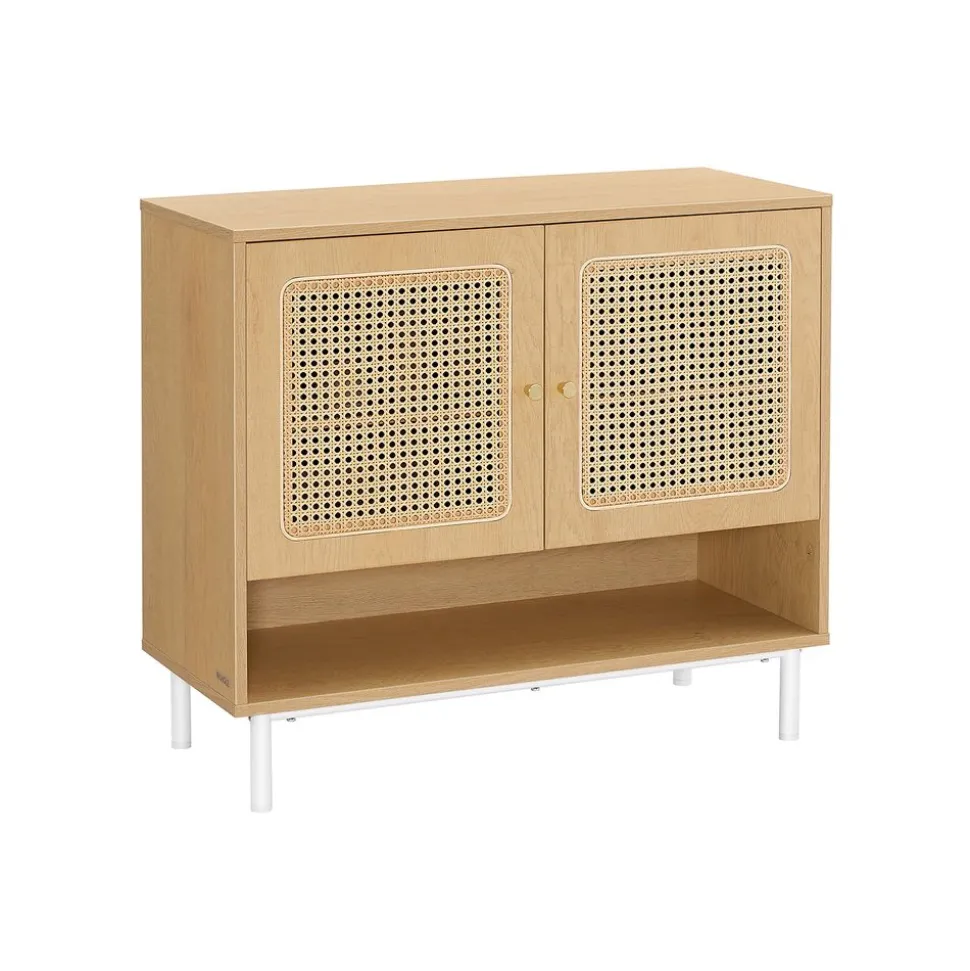 Meuble à chaussures rangement 3 niveaux avec portes aspect rotin étagère réglable en hauteur pieds en acier beige chêne