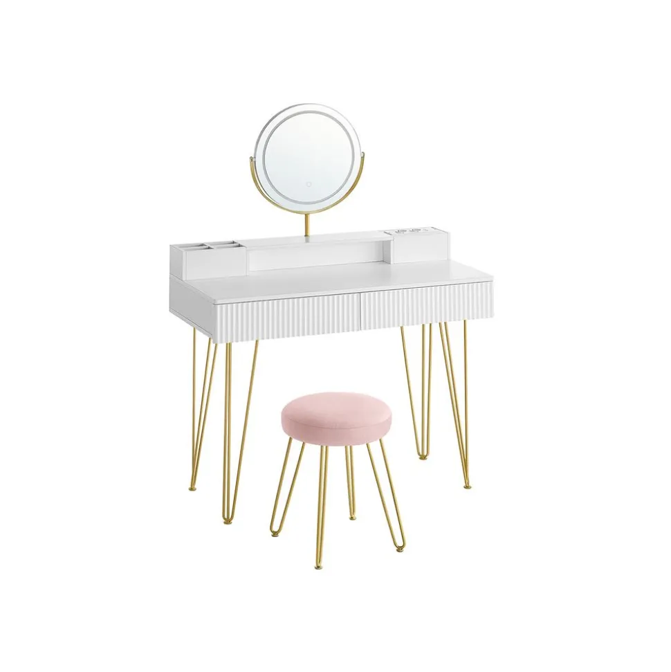 Miroir coiffeuse avec éclairage et taboutret 40 x 100 x 134,8 cm blanc mat et doré clair