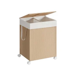 Panier à linge 2 compartiments 100 L avec roulettes couvercle poignées beige naturel et blanc mat