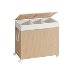 Panier à linge 2 compartiments 100 L avec roulettes couvercle poignées beige naturel et blanc mat