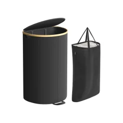 Panier à linge 90 L avec couvercle sac amovible noir d’encre et beige naturel