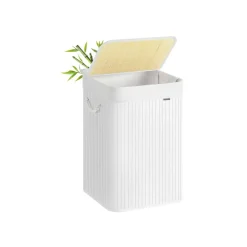 Panier à linge 95 L en bambou avec couvercle poignées pliable blanc