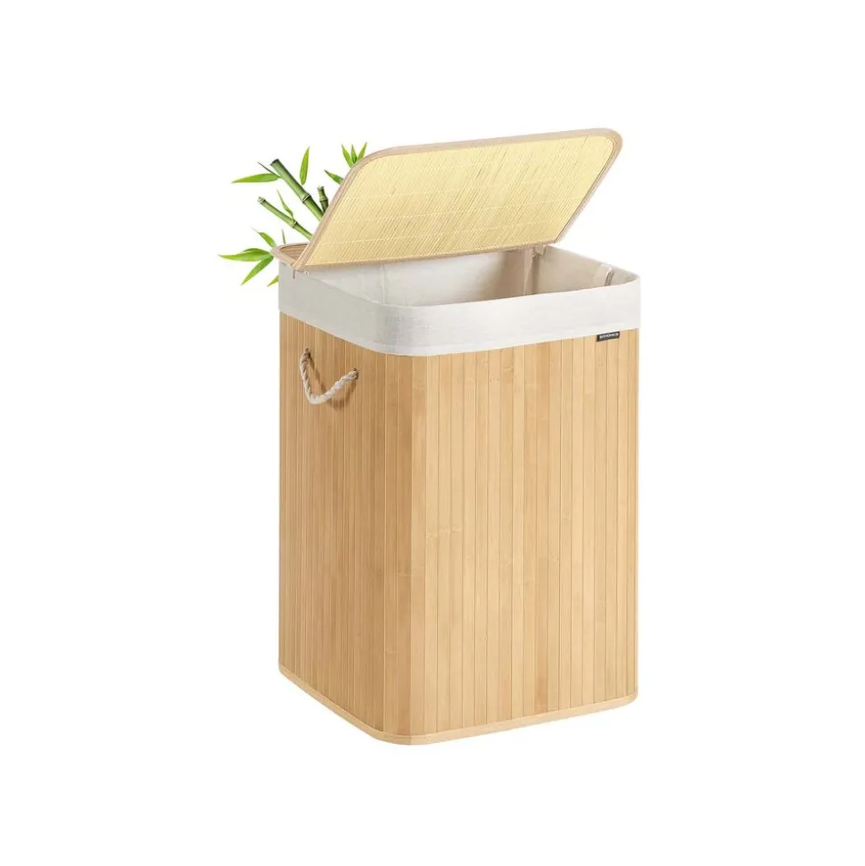 Panier à linge 95 L en bambou avec couvercle poignées pliable blanc
