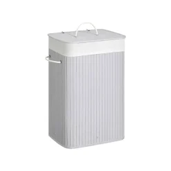 Panier à linge avec couvercle 72L en bambou pliable avec sac amovible lavable poignées gris