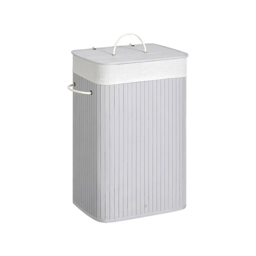 Panier à linge avec couvercle 72L en bambou pliable avec sac amovible lavable poignées gris