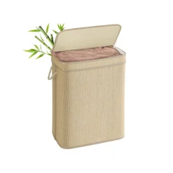 Panier à linge en bambou 90 L avec sac amovible couvercle poignées couleur naturelle