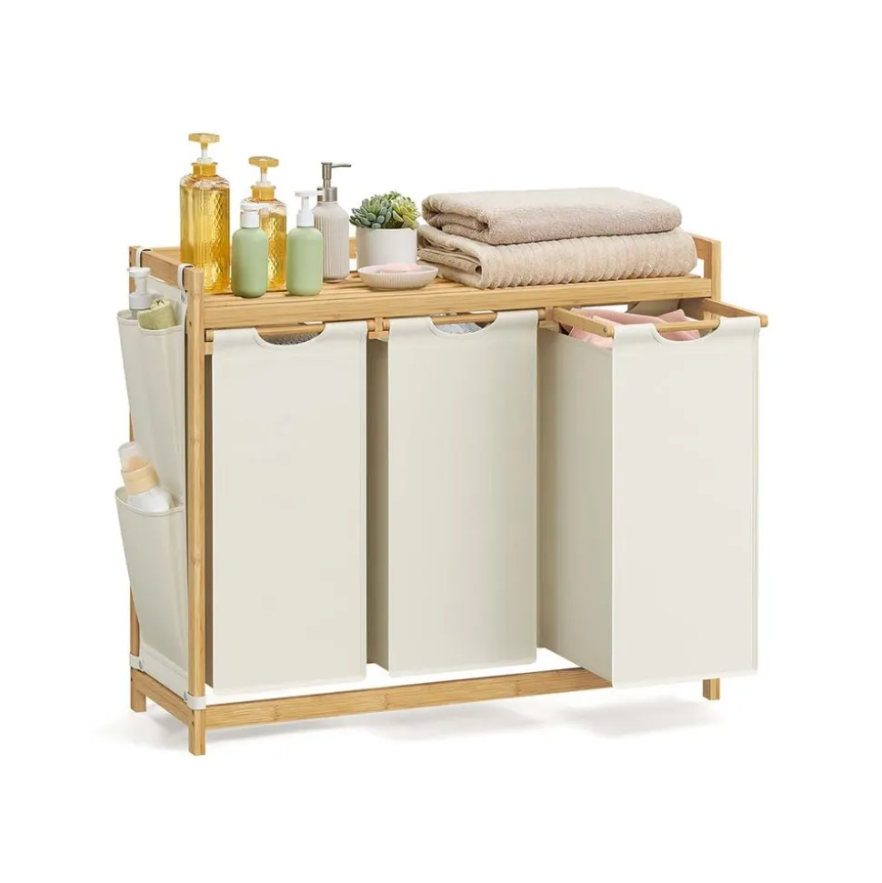 Panier à linge en bambou 3 x 50 L 94 x 33 x 78 cm blanc crème