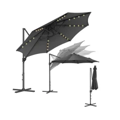 Parasol de jardin 300 cm avec 28 LED gris tourterelle