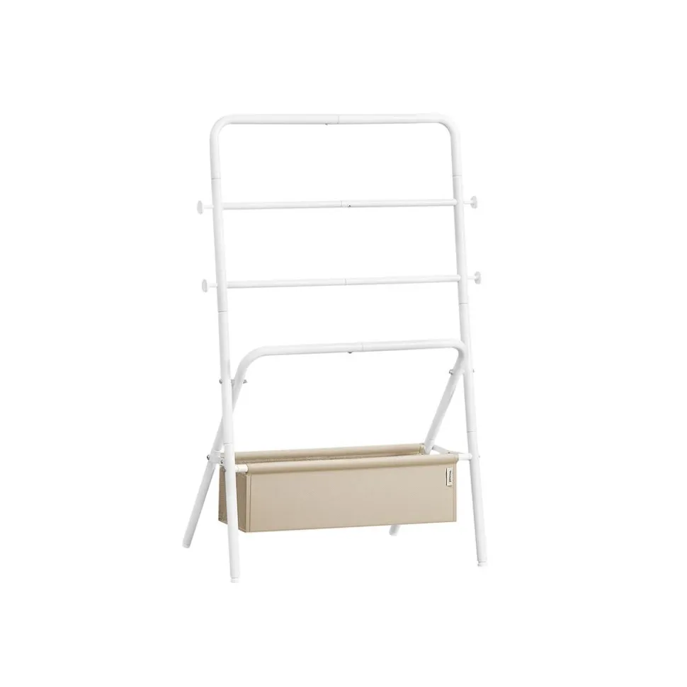 Porte-serviette sur pied 4 crochets blanc perle et marron camel