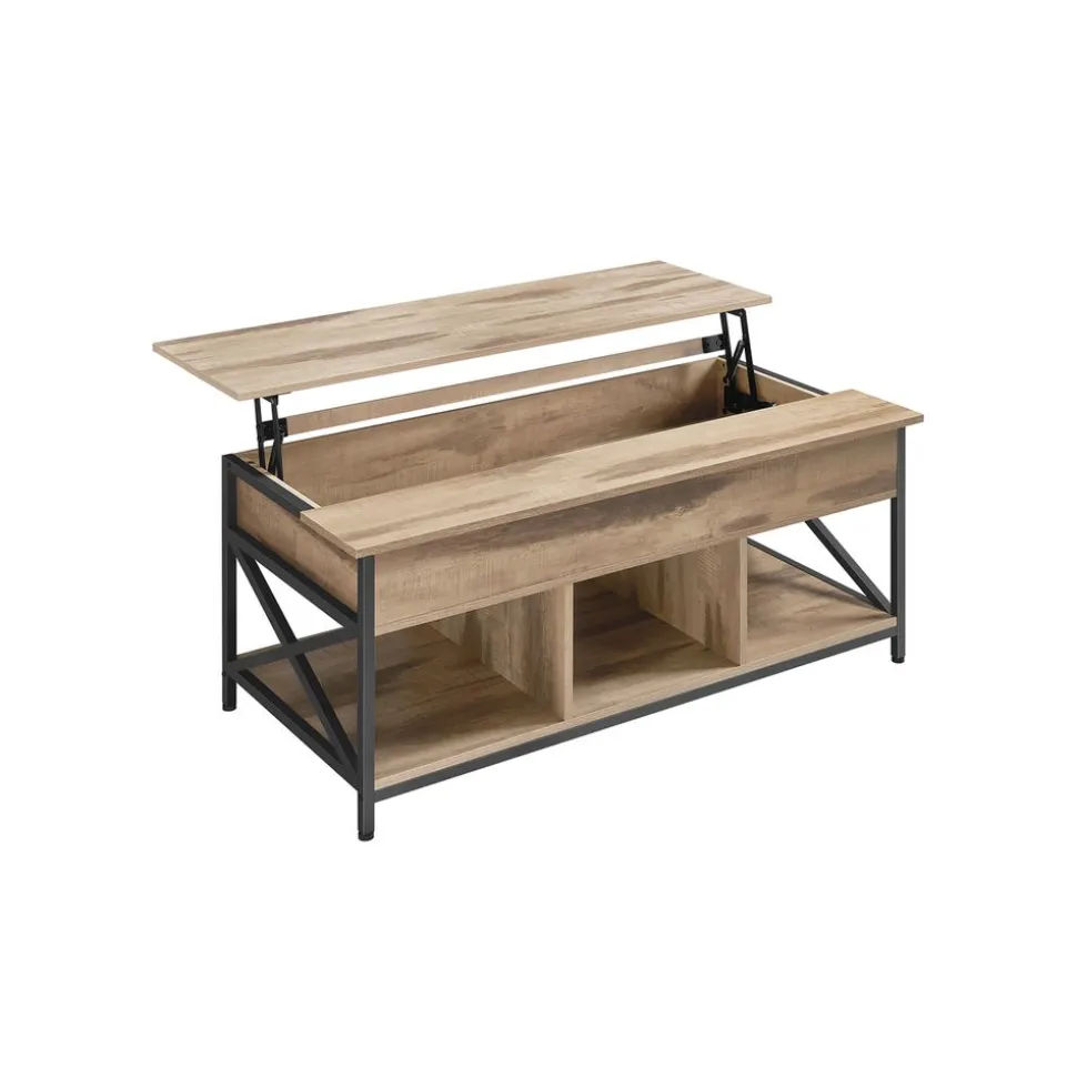 Table basse avec plateau relevable barres en forme de X marron camel et noir