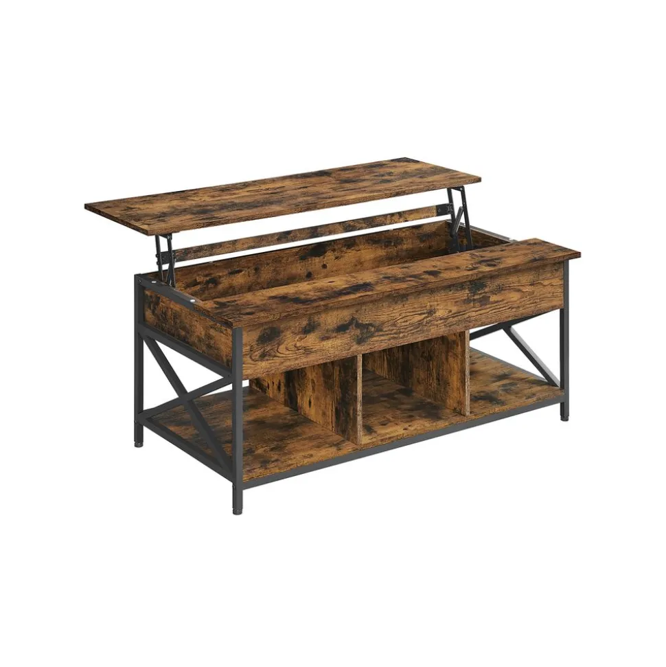 Table basse avec plateau relevable barres en forme de X marron camel et noir