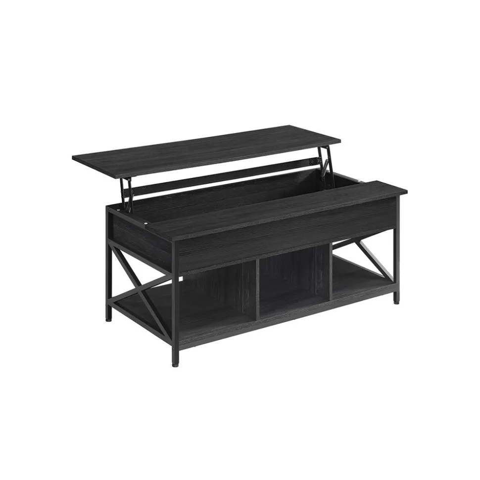 Table basse avec plateau relevable barres en forme de X marron camel et noir