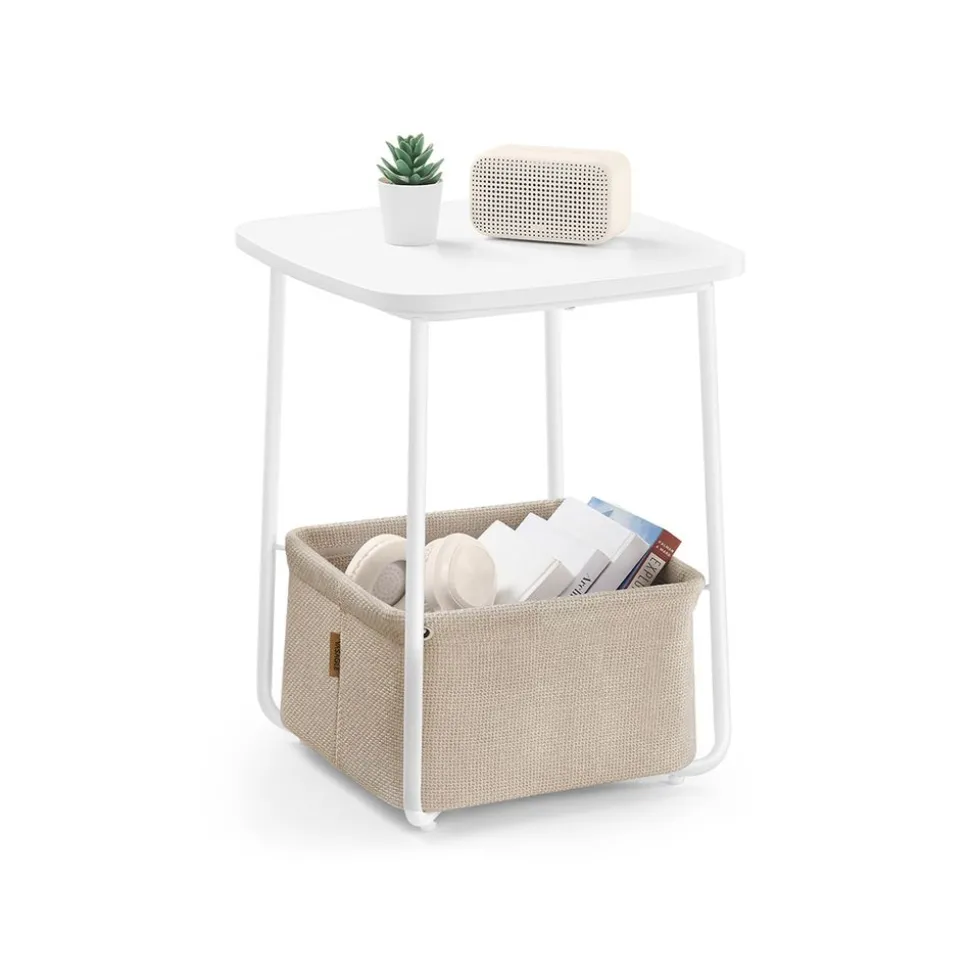 Table d’appoint avec panier en tissu blanc mat et marron camel