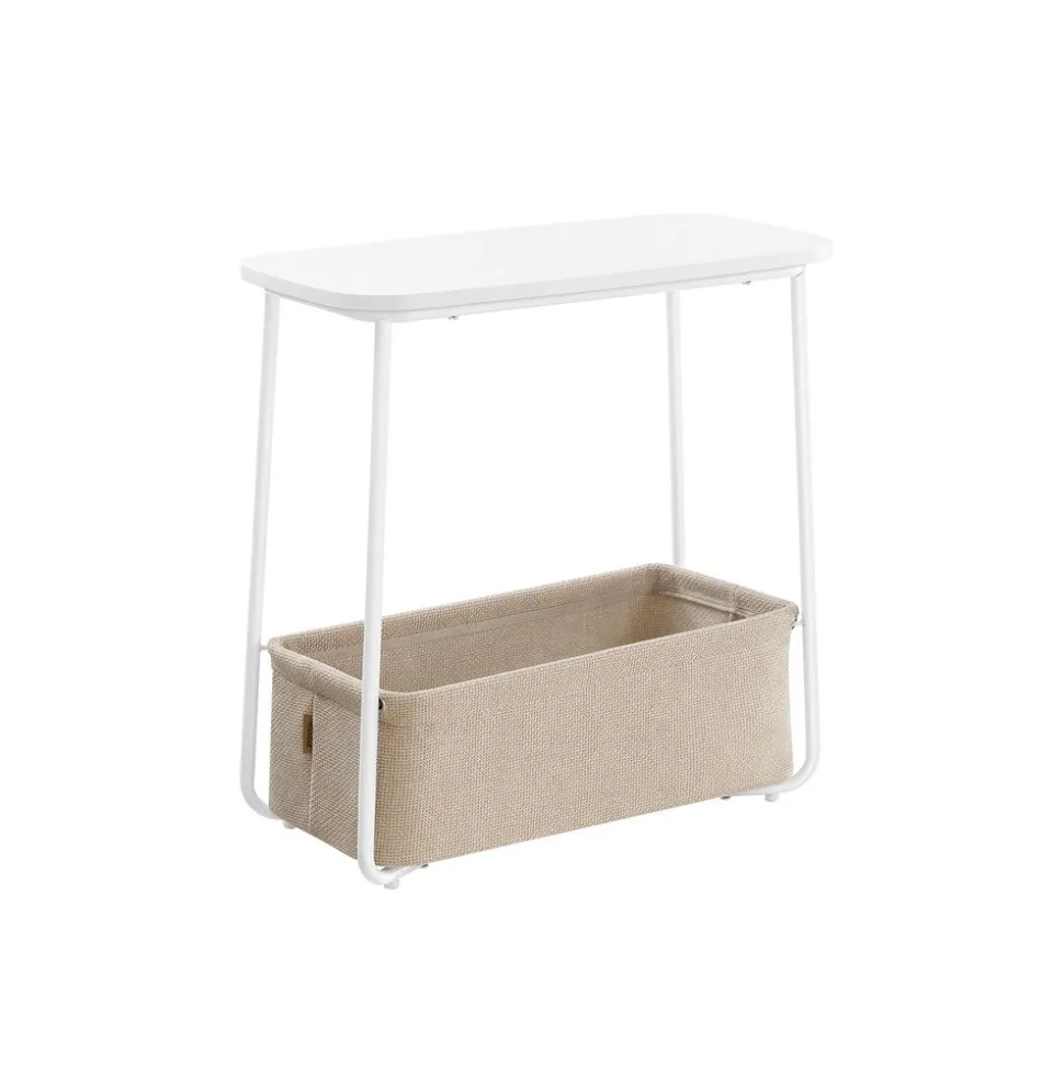 Table d’appoint avec panier en tissu blanc mat et marron
